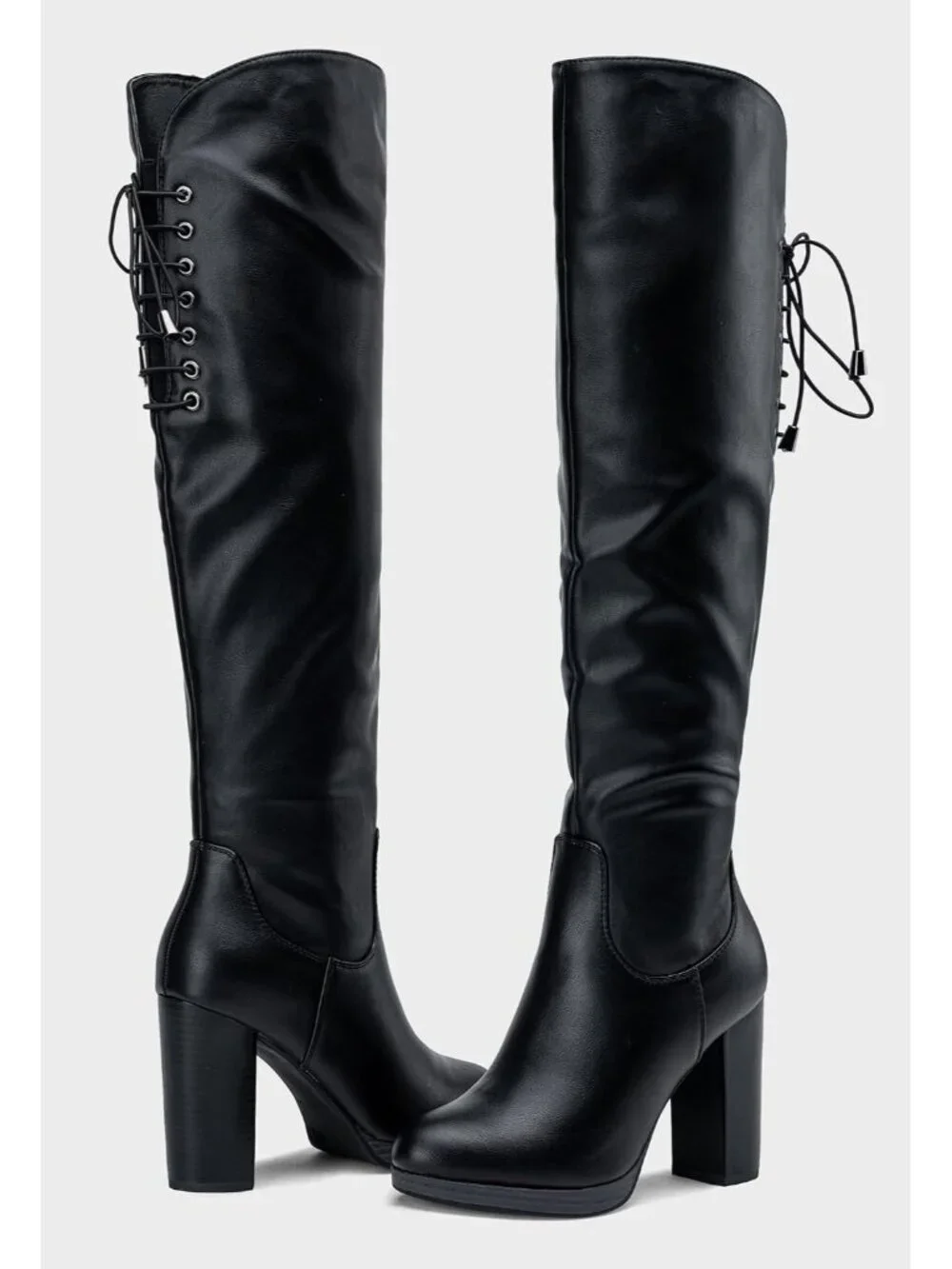 Women's Black Pu Block Heel Round Toe Faux Suede Over The Knee Thigh High Boots
